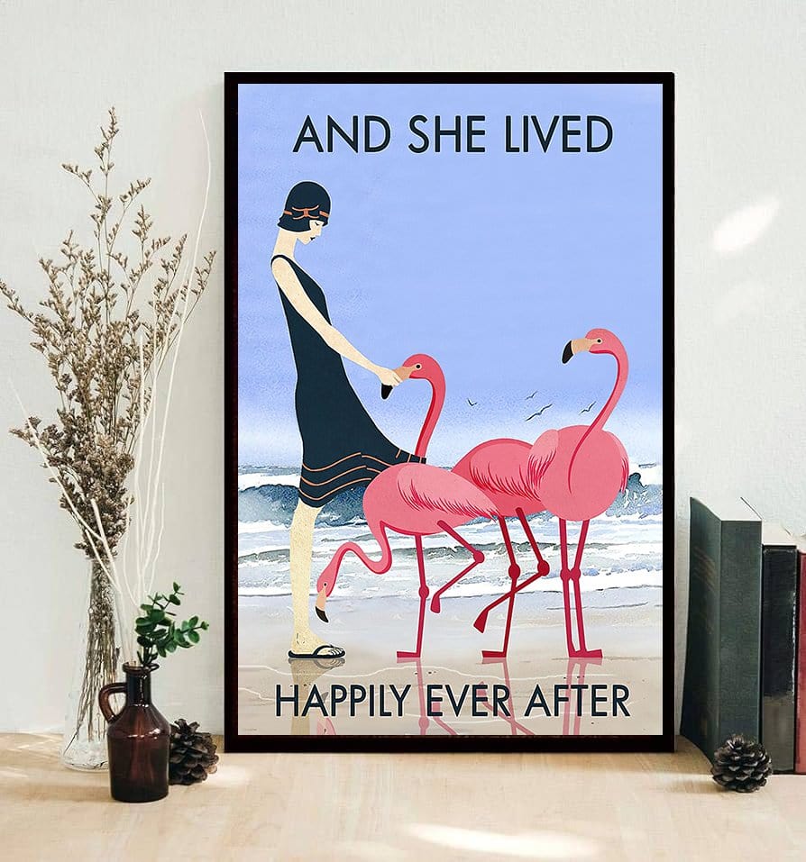 And She Lived Happily Ever After Flamingo Poster, Canvas